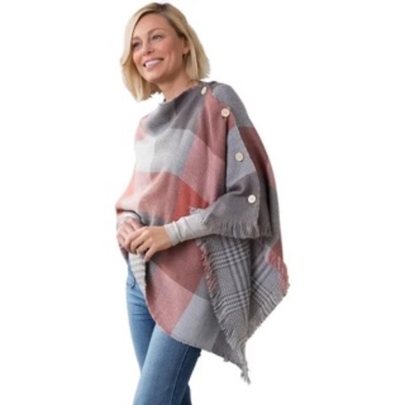 Demdaco Grey & Orange Plaid Reversible Poncho - Picture 1 of 9